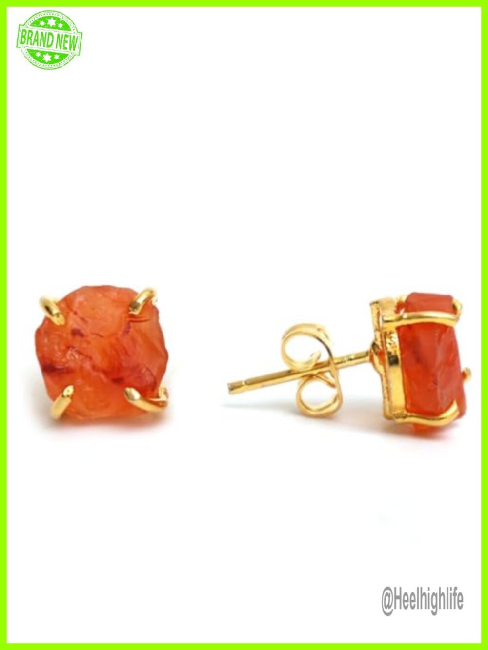 Raw Carnelian Crystal Stud Earrings 14k Gold Plated Hypoallergenic